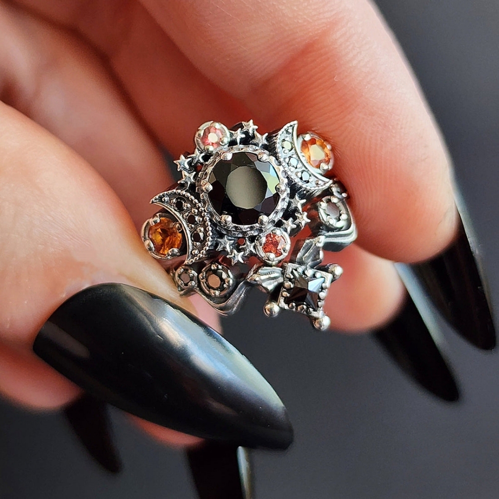 Silver Black Stone Celestial Ring Set - Women's Fashion - Picture 9 of 16
